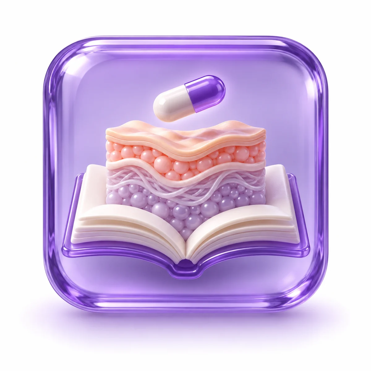 3D purple learning book with a skin motif for Oral Medications