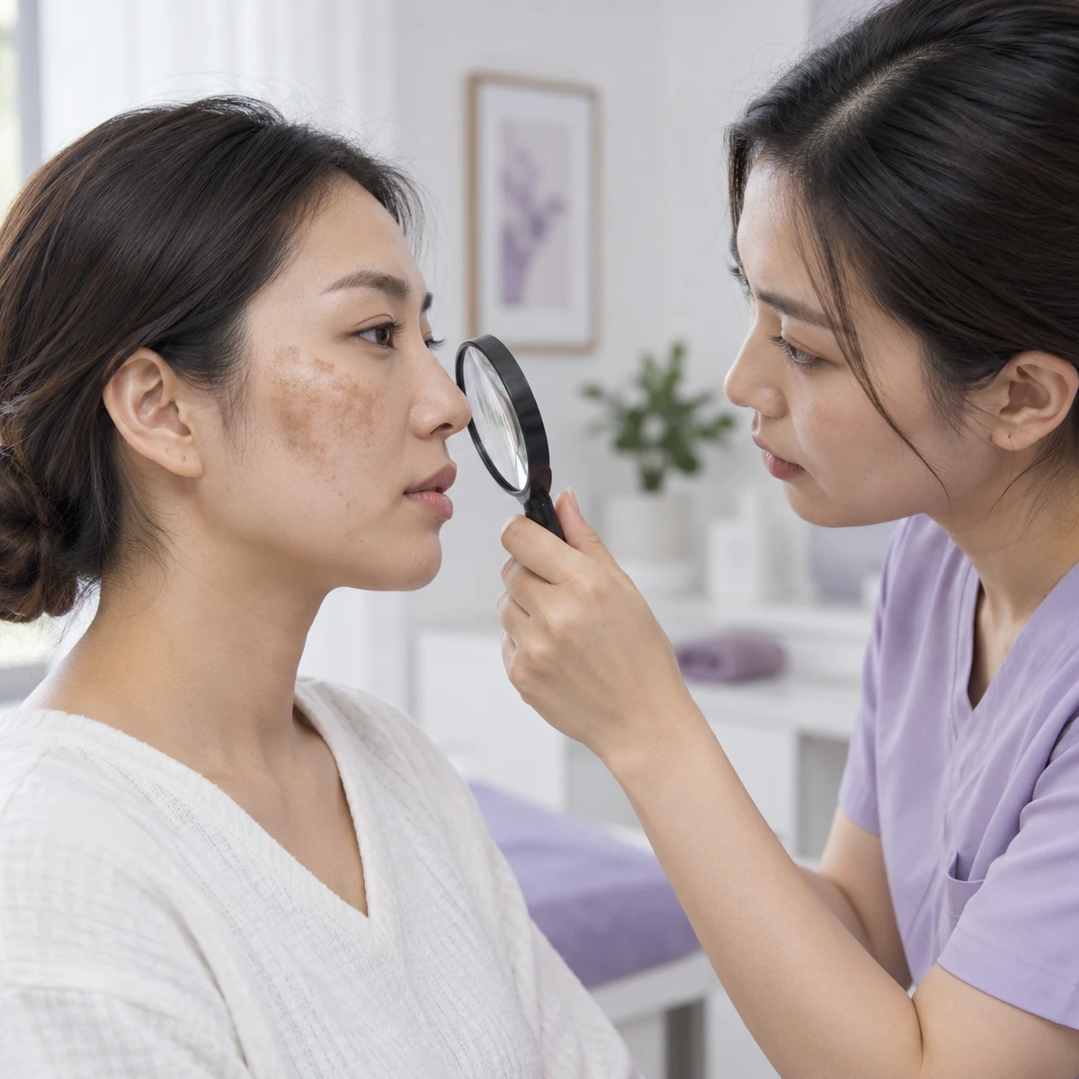 Clinician assessing distinguishing the cause of uneven colour in an adult patient