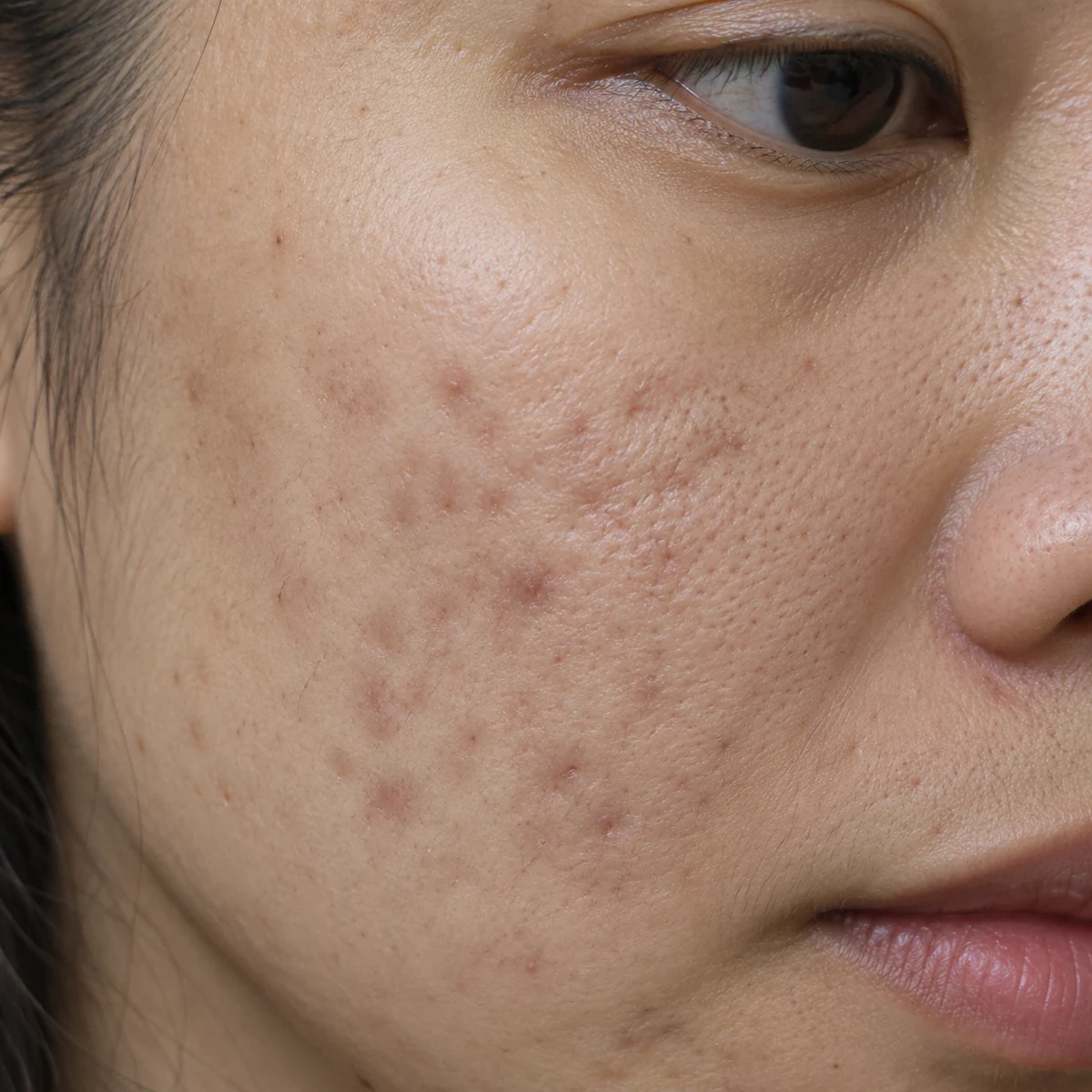 Close-up of post-acne marks