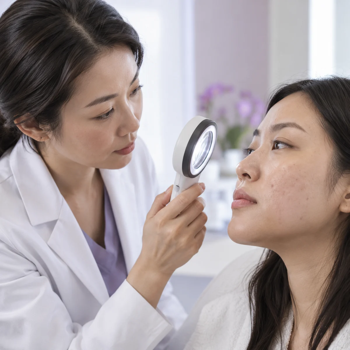 Clinician assessing matching resurfacing depth to texture concerns in an adult patient