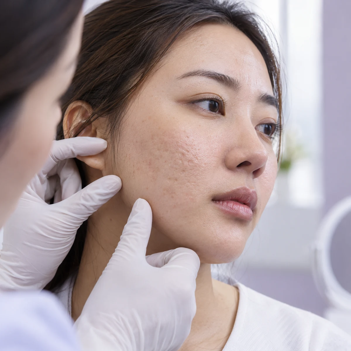 Close-up of shallow acne scars