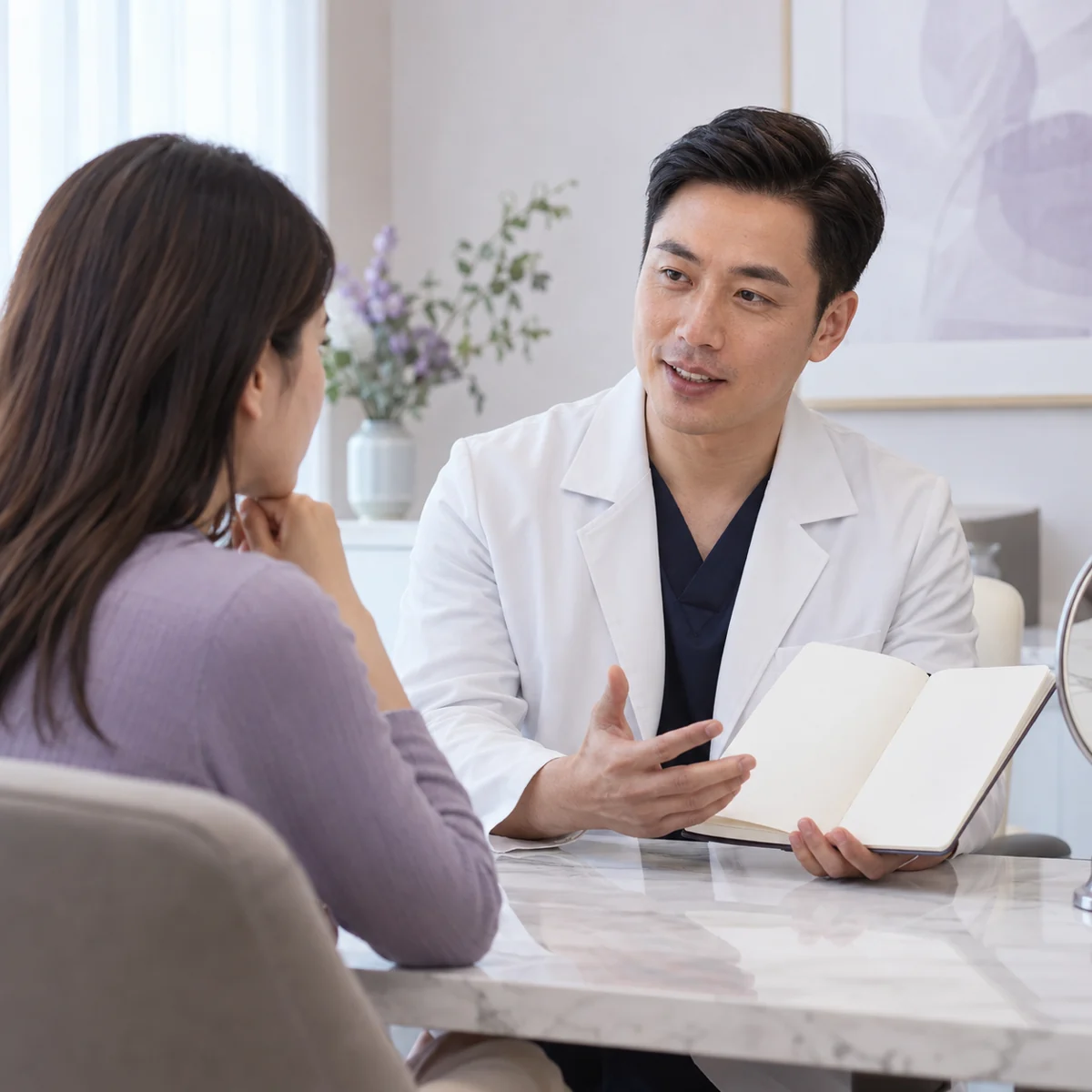 Adult patient discussing Laser Resurfacing consultation and follow-up at Eco Botanic