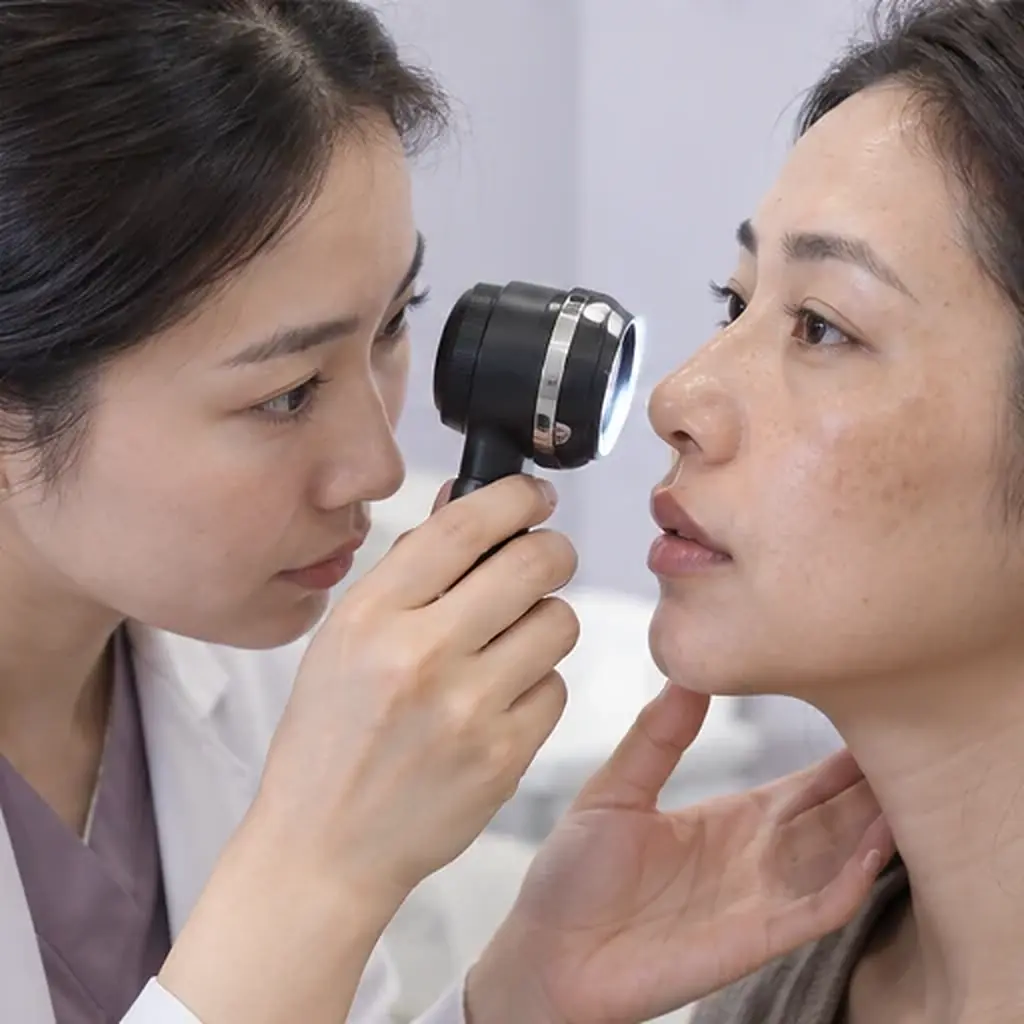 Clinician assessing confirming the complete peel formula and treatment depth in an adult patient