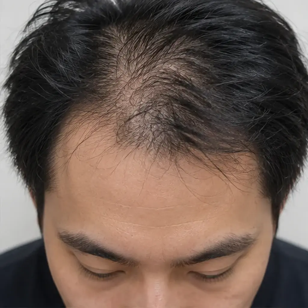 Close-up of early hair thinning