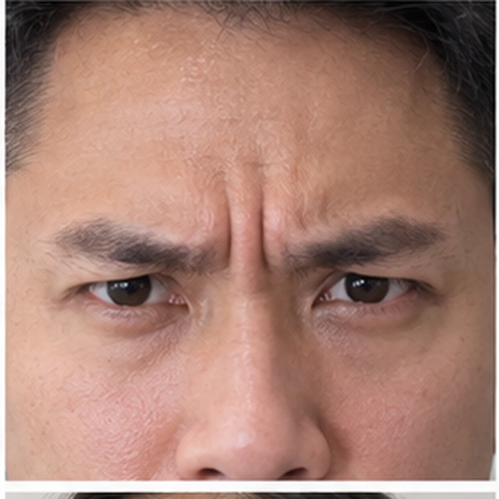 Paparan dekat garis kerutan antara kening
