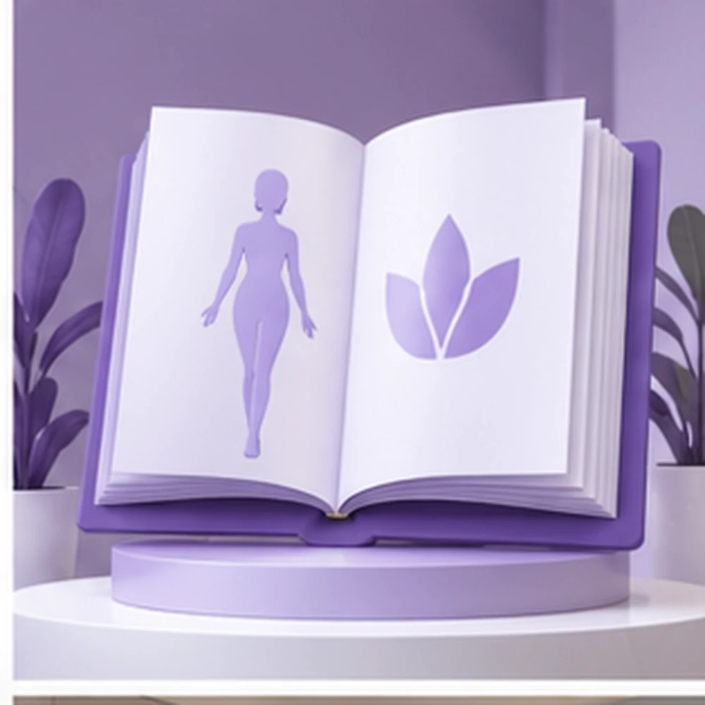 Buku pembelajaran ungu 3D dengan motif topik rawatan Plinest NewGyn