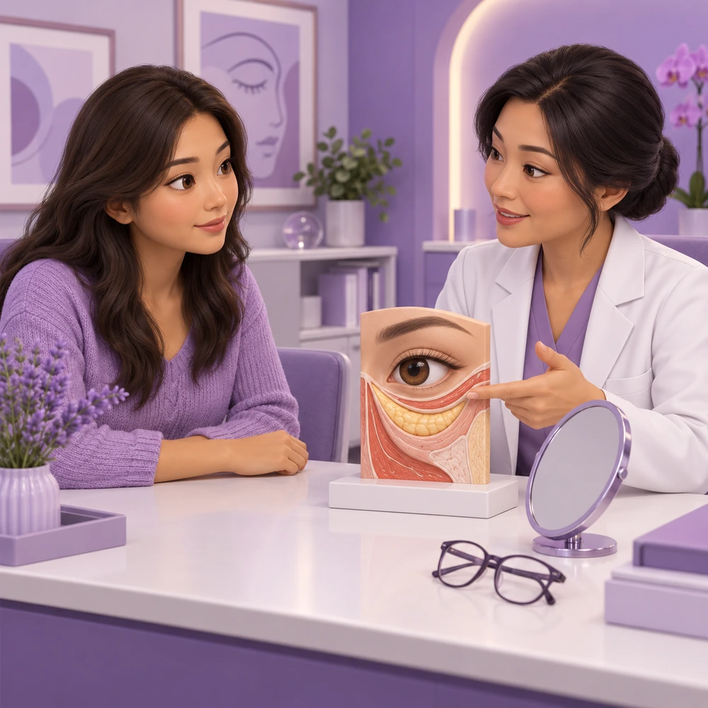 3D cartoon of an adult patient and clinician learning about Dark Circles