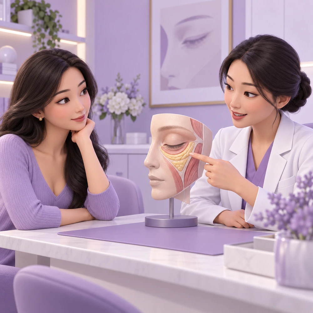 3D cartoon of an adult patient and clinician learning about Eye Bag Reduction