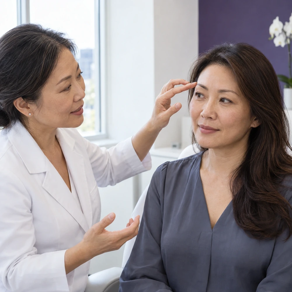 Reference clinician consultation about brow position, outer-brow heaviness and balance with an adult woman