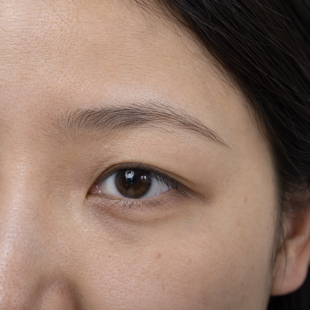 Close-up of outer-brow heaviness