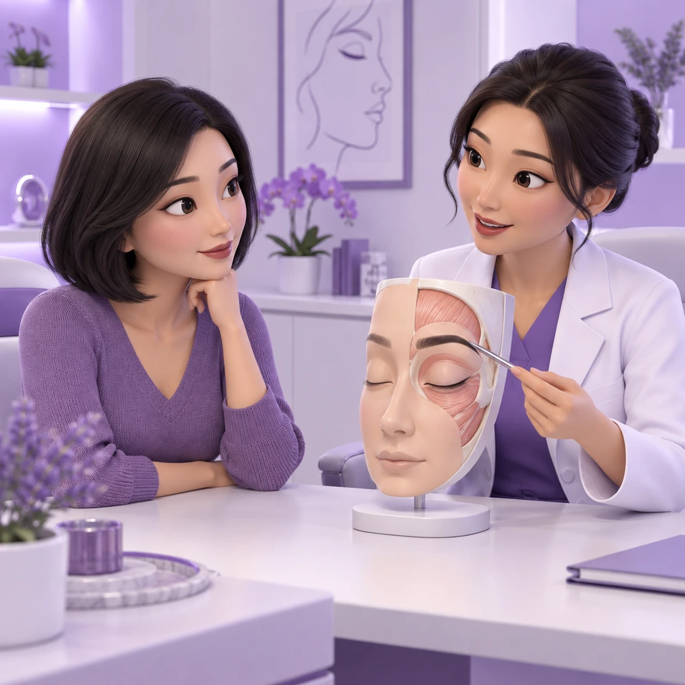 3D cartoon of an adult patient and clinician learning about Eyebrow Lift
