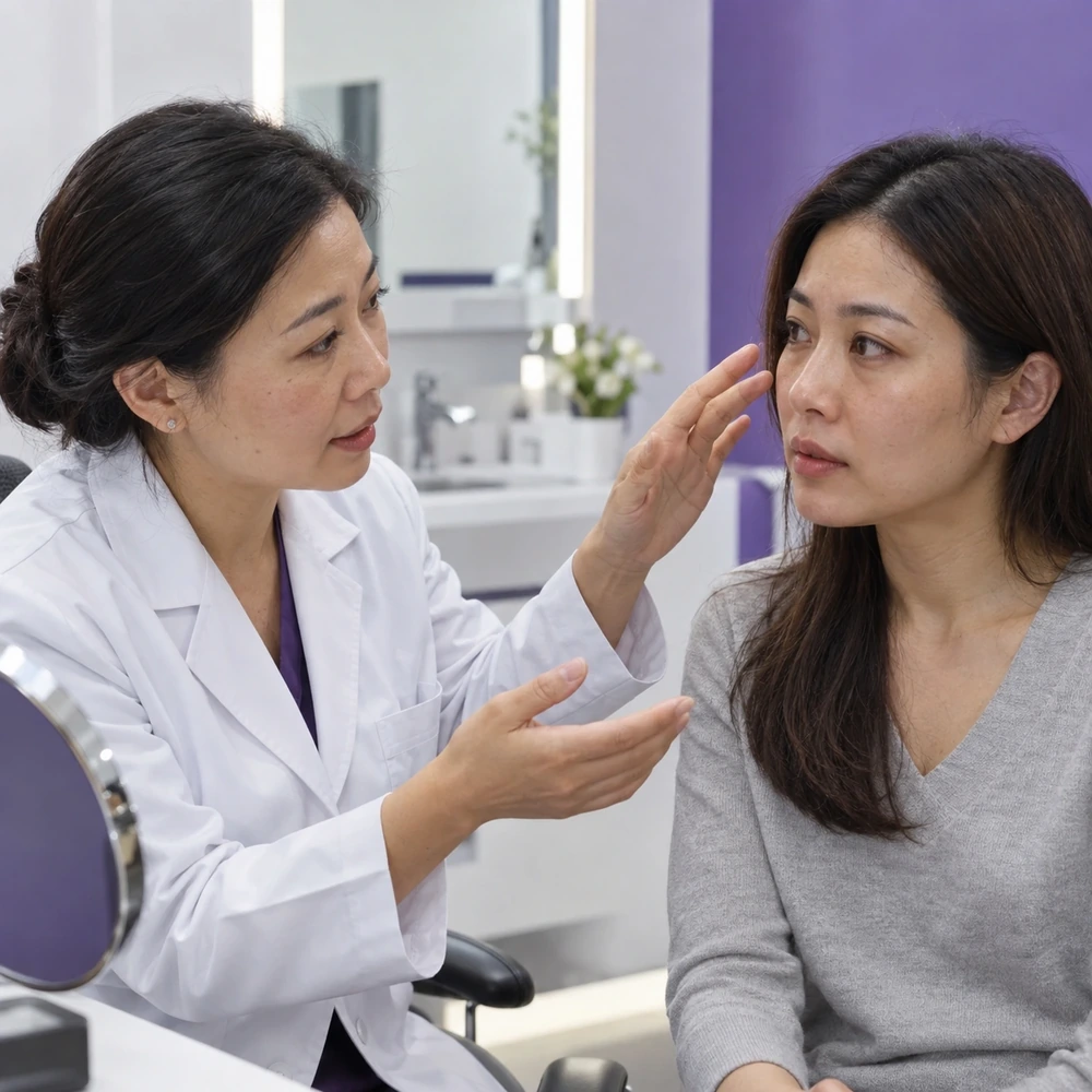 成年女性與醫生討論眼周陰影、細紋及組織輪廓的參考照片