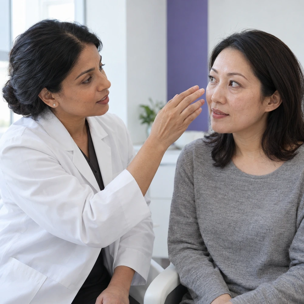 成年女性與臨床人員討論眼下細微紋理及膚質問題的參考圖