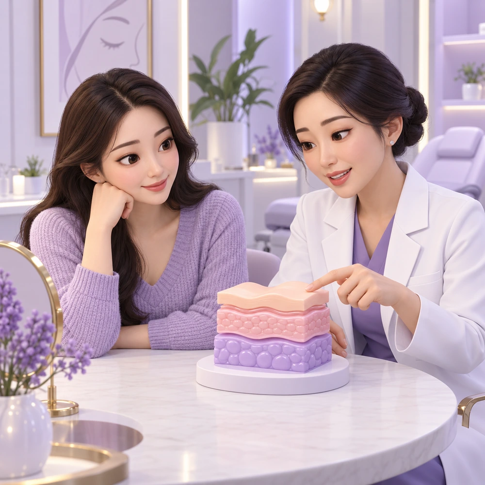 成年患者與臨床人員學習 REJURAN i 眼周療程的三維卡通圖