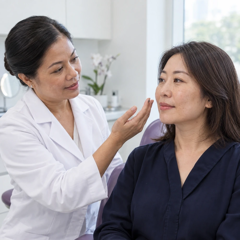 Reference clinician consultation about skin texture, fine lines and selected laxity with an adult woman
