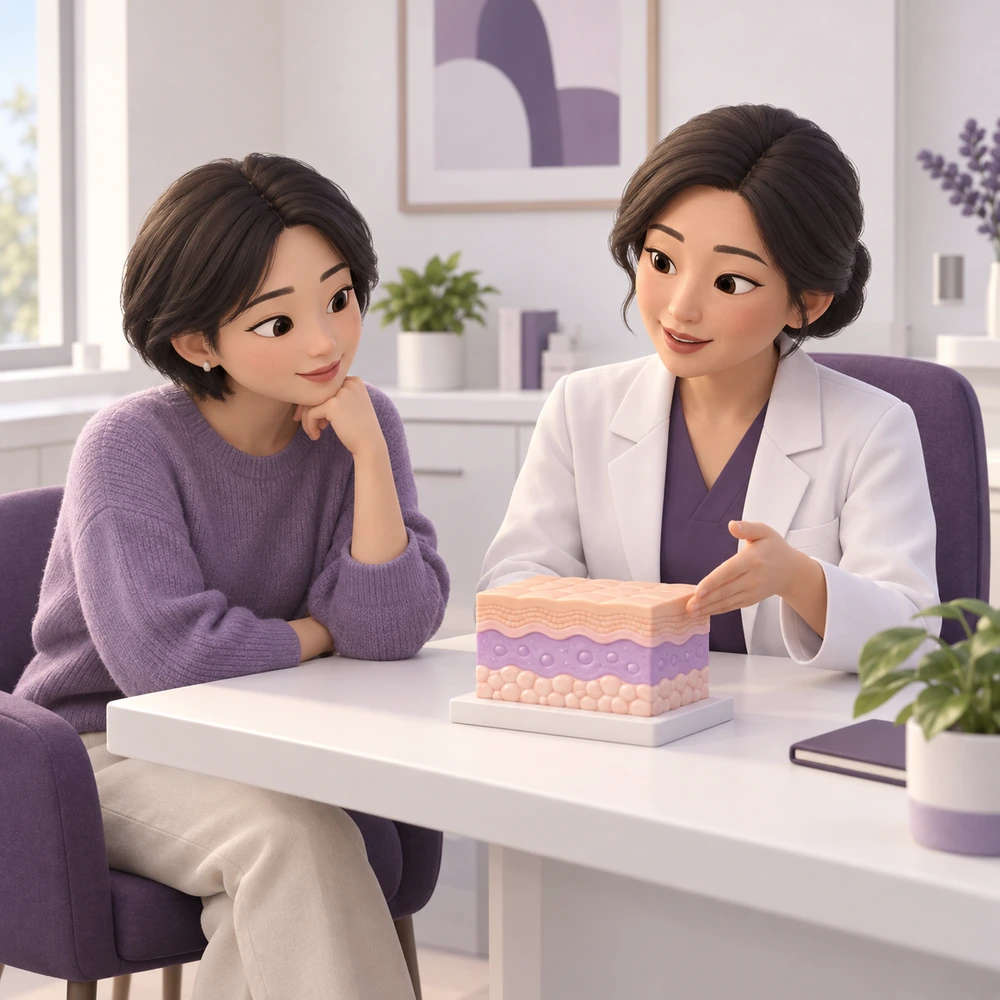 3D cartoon of an adult patient and clinician learning about Radiofrequency (RF) Therapy
