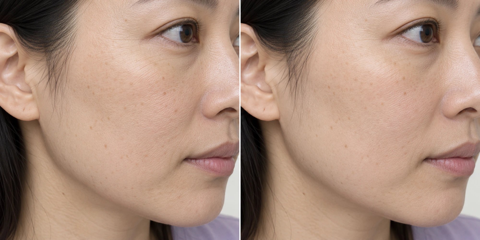 Simulated subtle skin texture, fine lines and selected laxity change in an adult face
