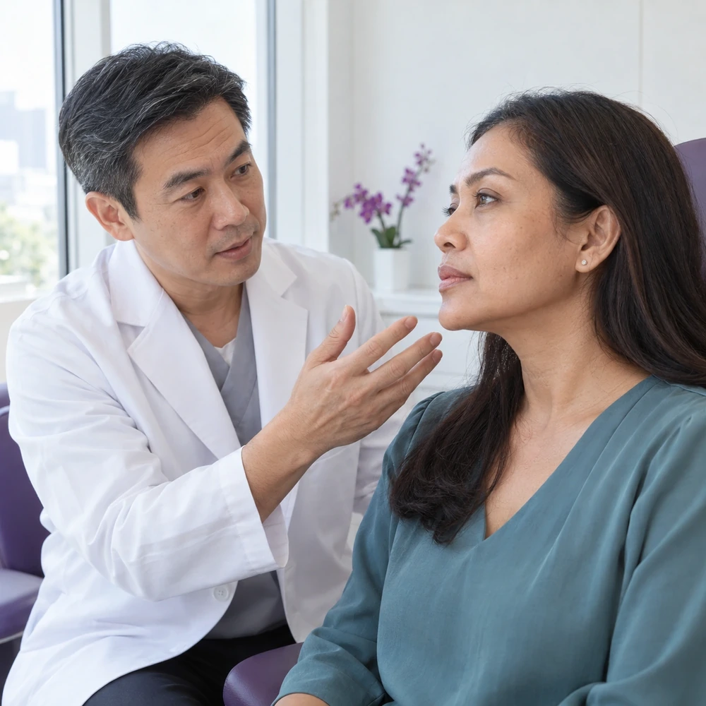 Reference clinician consultation about selected facial laxity and contour support with an adult woman