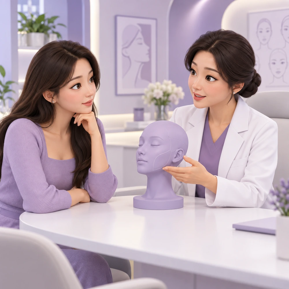 3D cartoon of an adult patient and clinician learning about Thread Lift Treatment