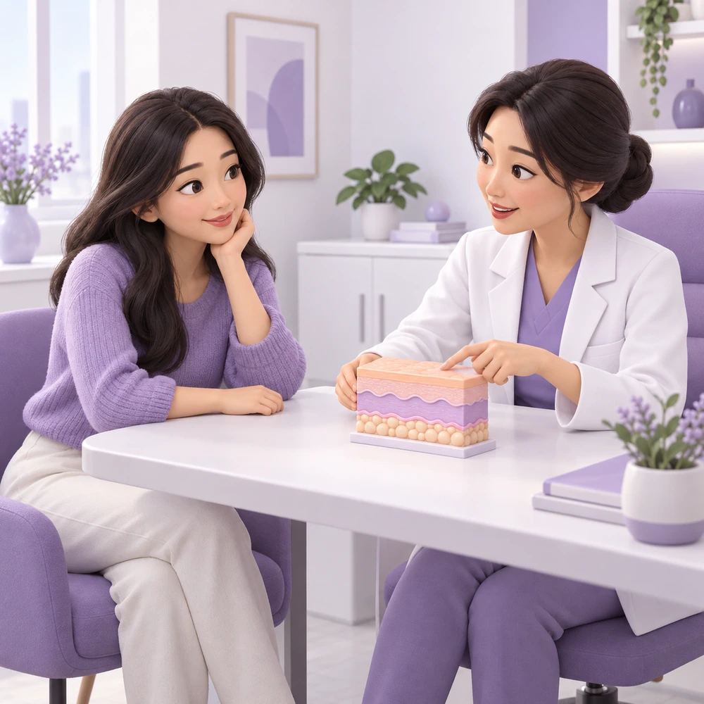成人患者與醫生學習 Ultherapy 治療的 3D 卡通圖
