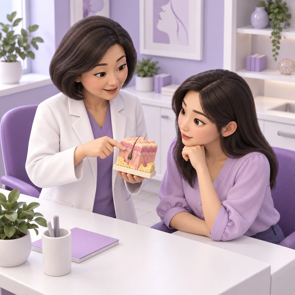 3D cartoon of an adult patient and clinician learning about Aesthetic Treatment Devices