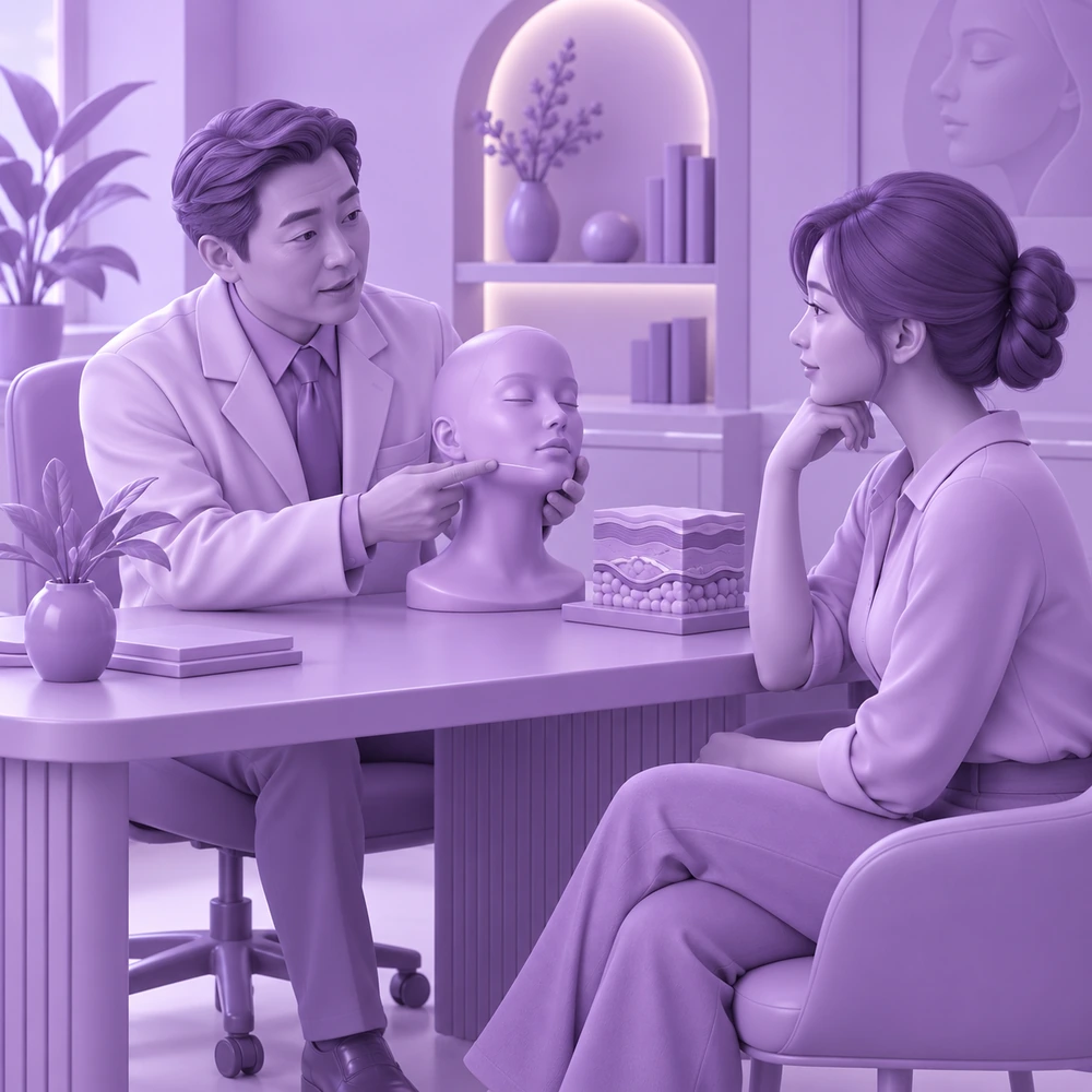 Ilustrasi 3D pelanggan dewasa dan doktor mempelajari APTOS NAMICA Benang Pengangkat