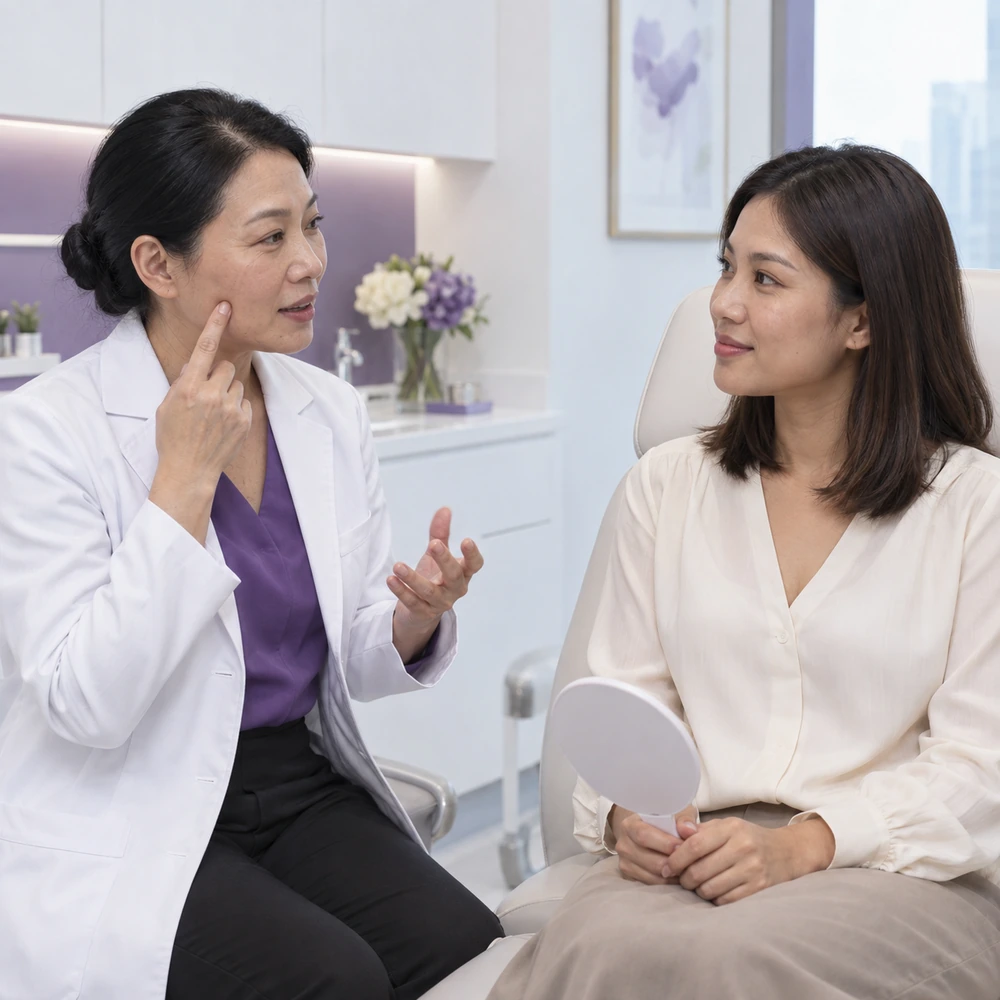 參考圖片：臨床人員與成年女性討論面部皺褶、表層膚質及部分鬆弛問題