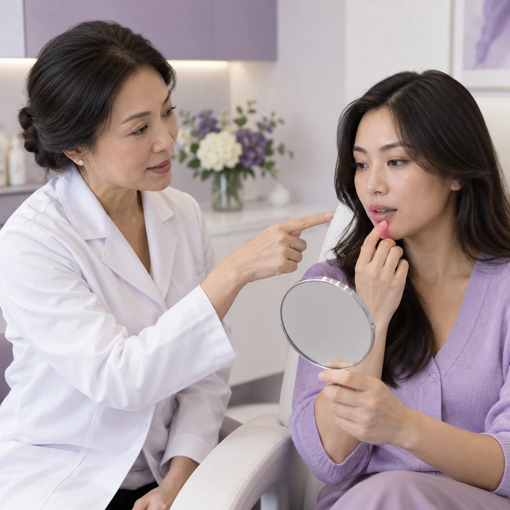 Reference clinician consultation about lip surface, subtle definition and fine perioral lines with an adult woman