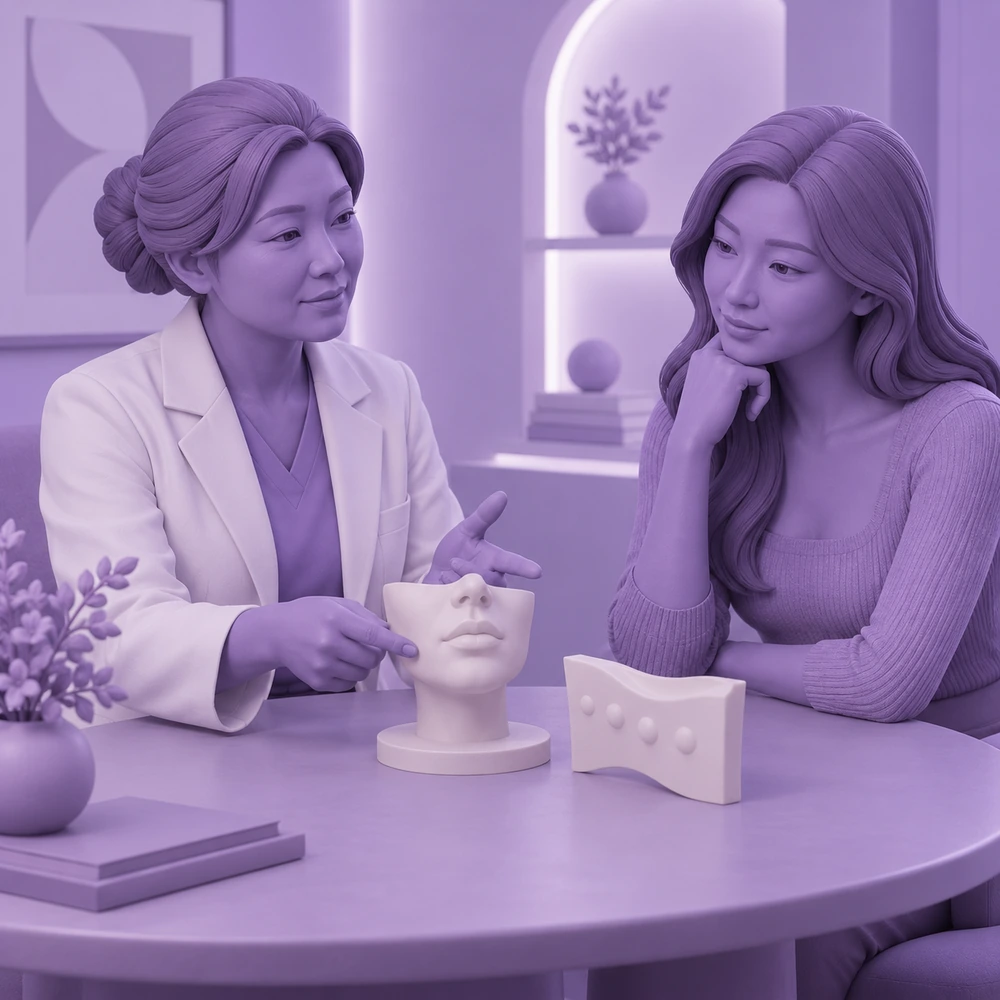 3D cartoon of an adult patient and clinician learning about Fotona Lip Treatment