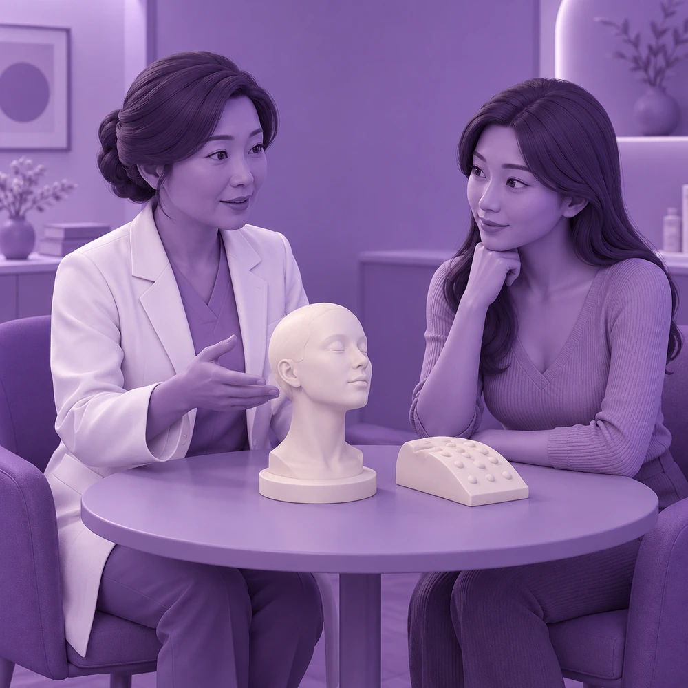 成年患者与临床人员学习 Fotona 颈部疗程的 3D 卡通图