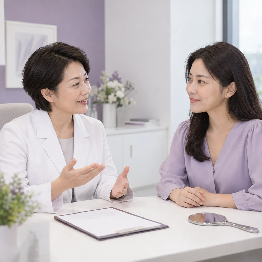 临床人员与成年女性评估下脸和颈部松弛并留意组织深度的参考咨询图