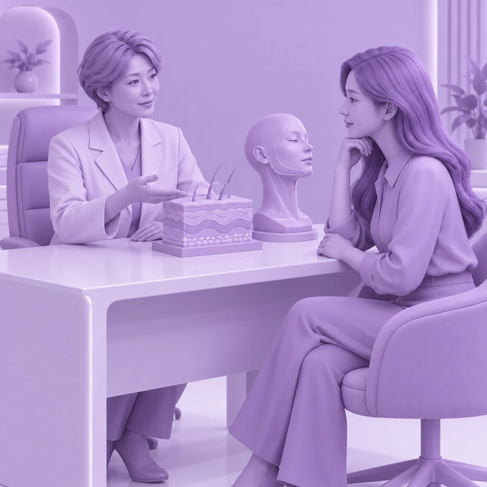 成年患者与临床人员学习 HIFU 紧肤疗程知识的 3D 卡通图