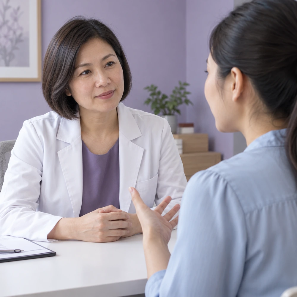 Reference clinician consultation about procedure comfort and local skin cooling with an adult woman