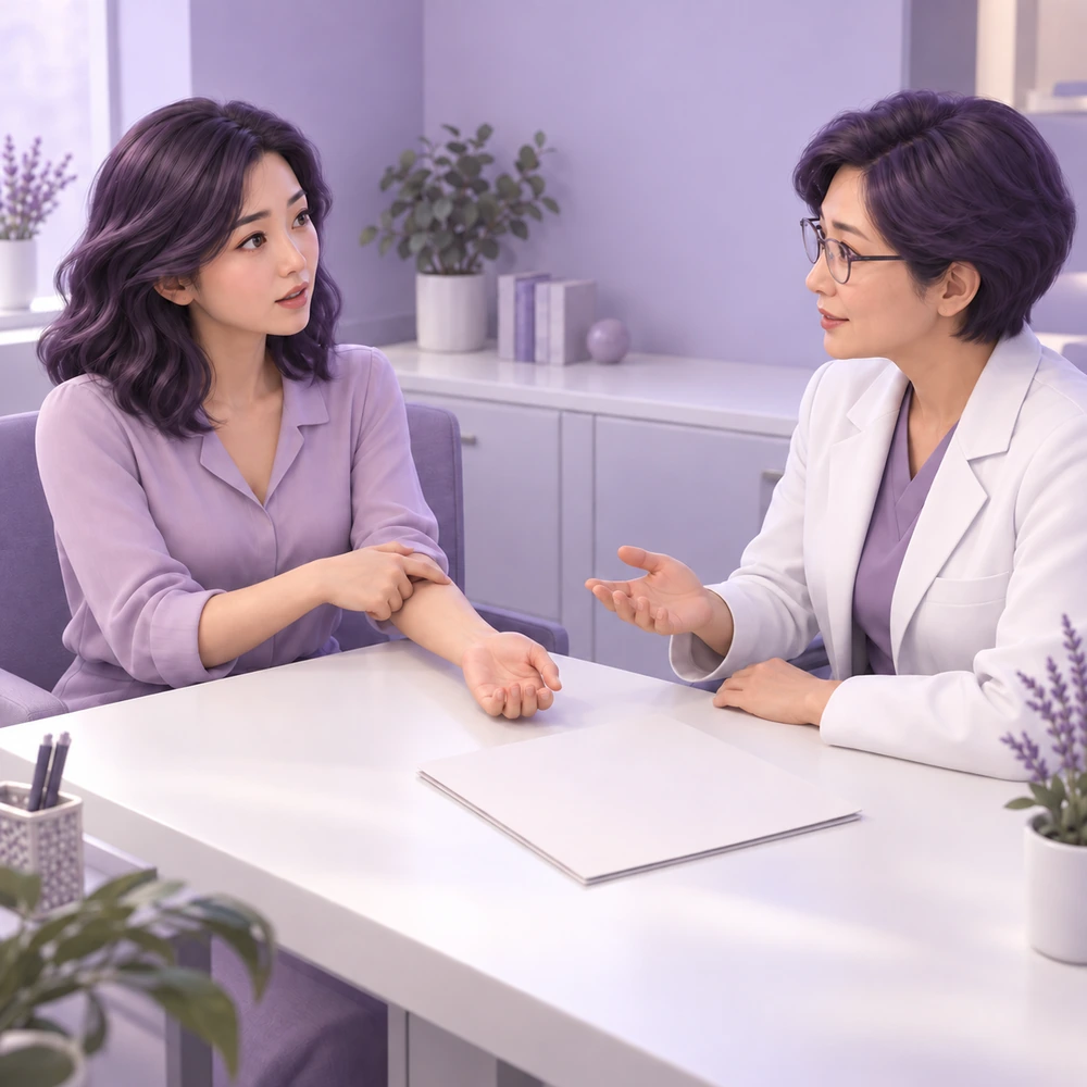 3D cartoon of an adult patient and clinician learning about TargetCool Cryotherapy