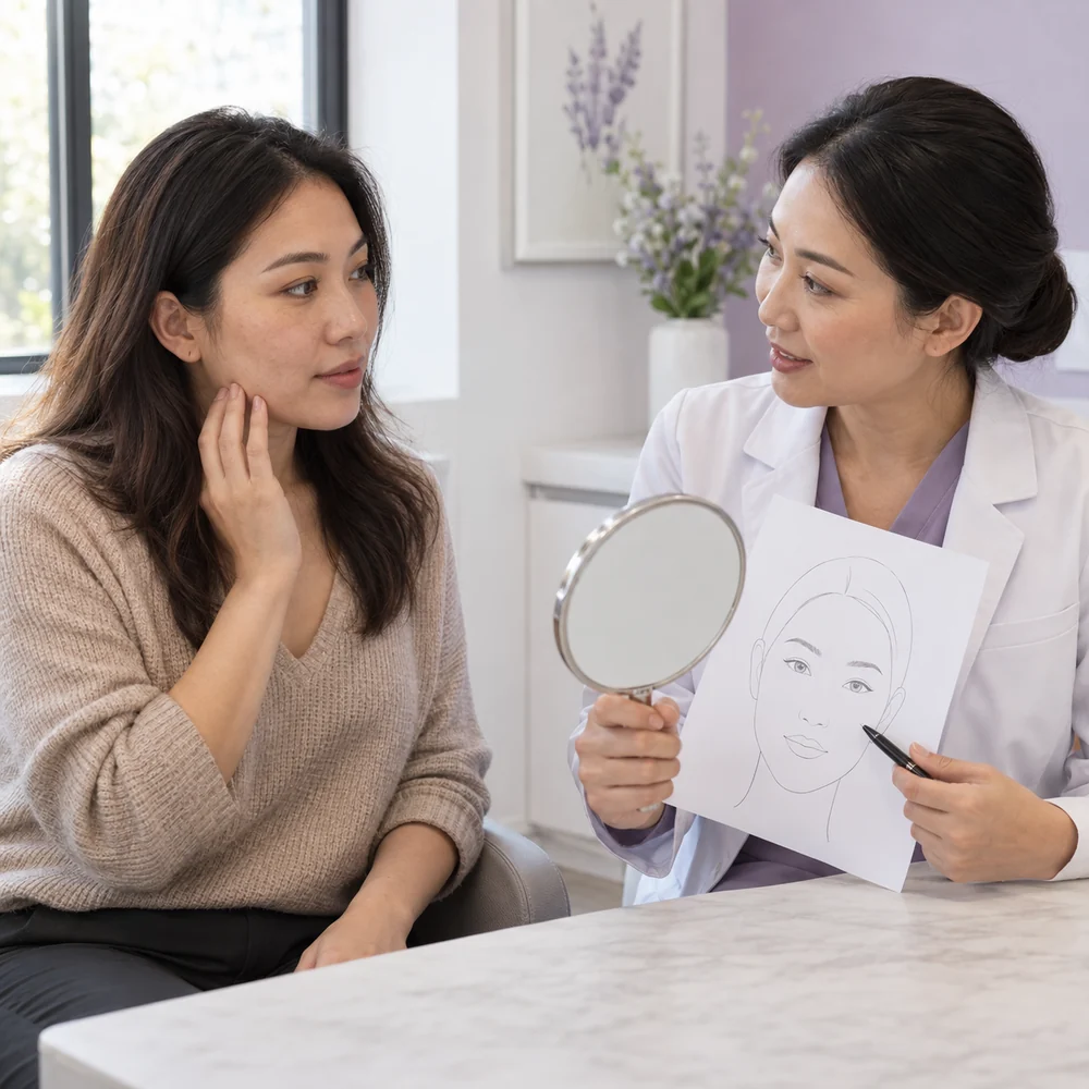 Reference clinician consultation about distinct facial skin concerns within a proposed multi-area plan with an adult woman