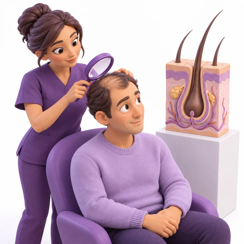 Kartun 3D pesakit dewasa dan klinisian mempelajari Keguguran Rambut