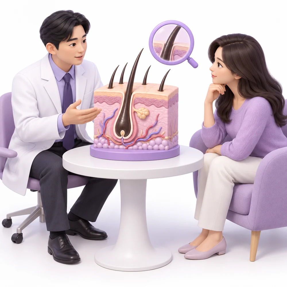 Kartun 3D pesakit dewasa dan klinisian mempelajari rawatan rambut kulit kepala PDRN