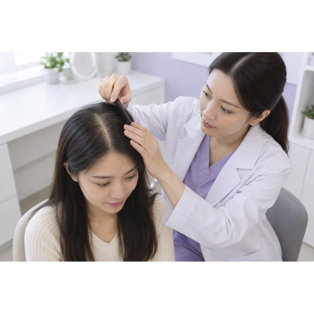 Reference clinician consultation about scalp visibility, part width and the pattern of thinning with an adult woman