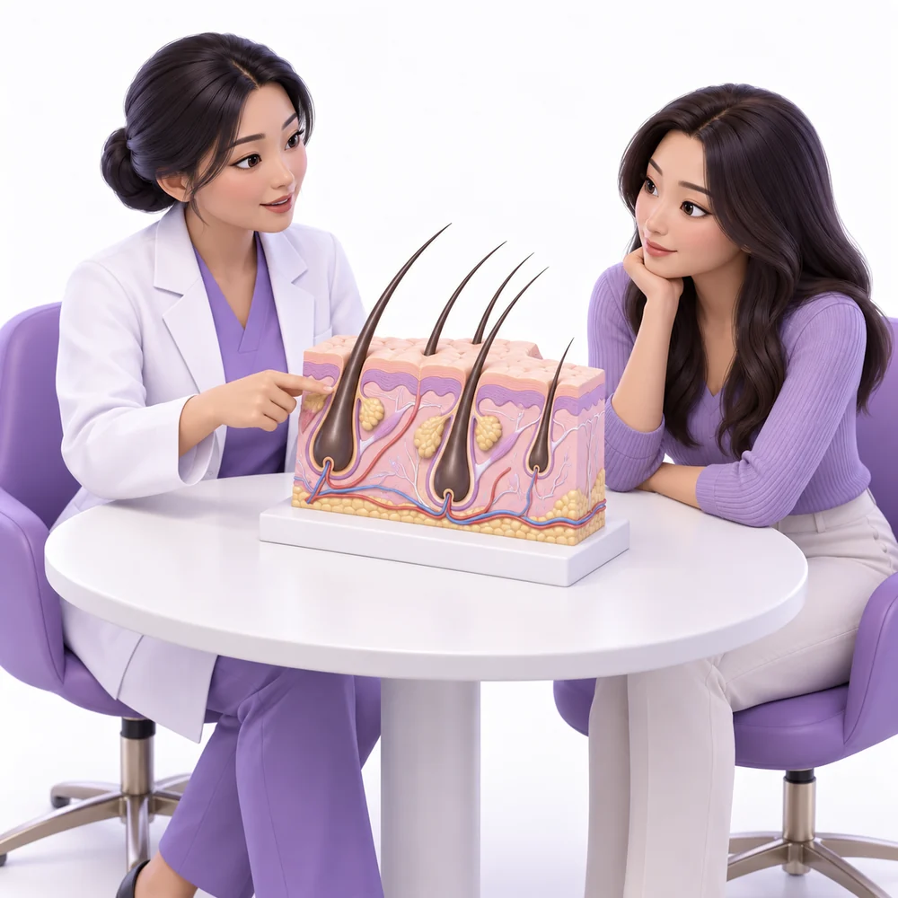 3D cartoon of an adult patient and clinician learning about PRP Scalp Hair Treatment