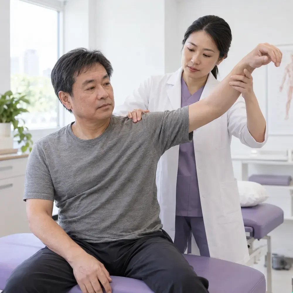 Reference clinician consultation about knee pain, function and the proposed Arthromac viscosupplement with an adult woman