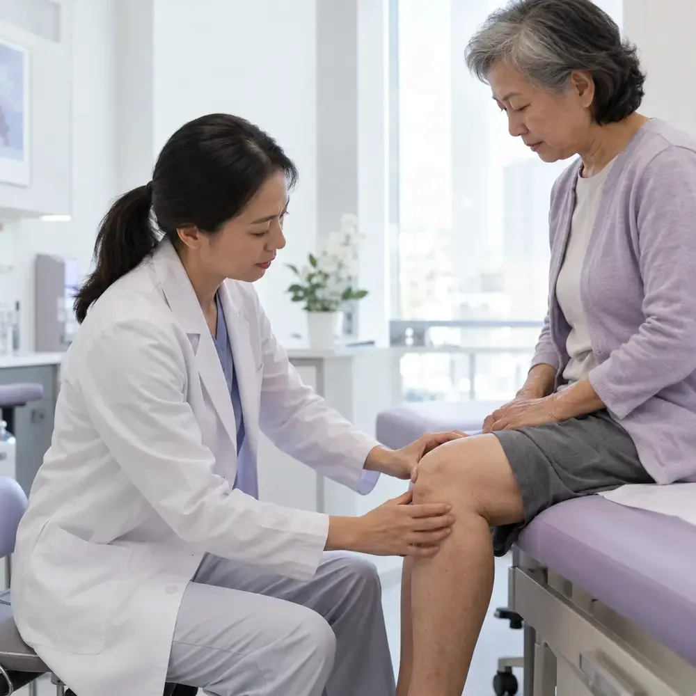 Adult reference portrait accompanying the Arthromac Hyaluronic Acid Knee Injection guide