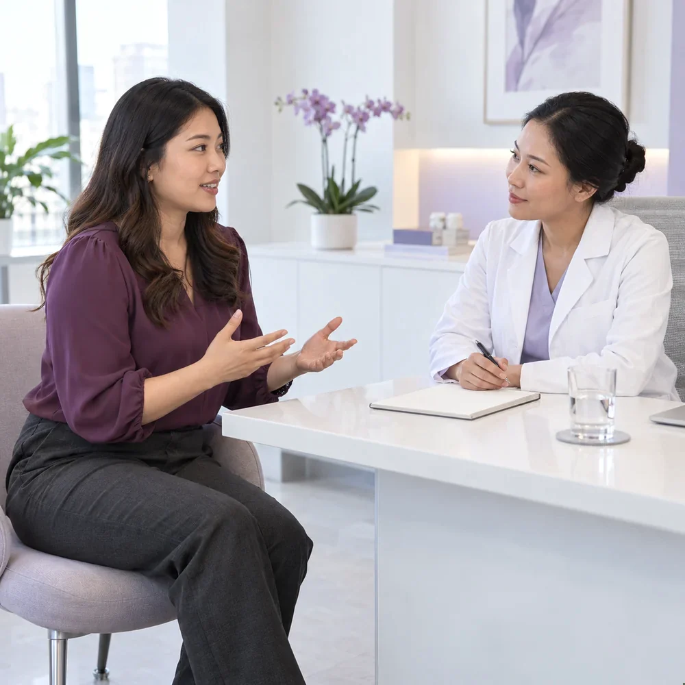 Rujukan konsultasi doktor dengan wanita dewasa mengenai pengecutan otot terpilih dan kontur badan yang kelihatan