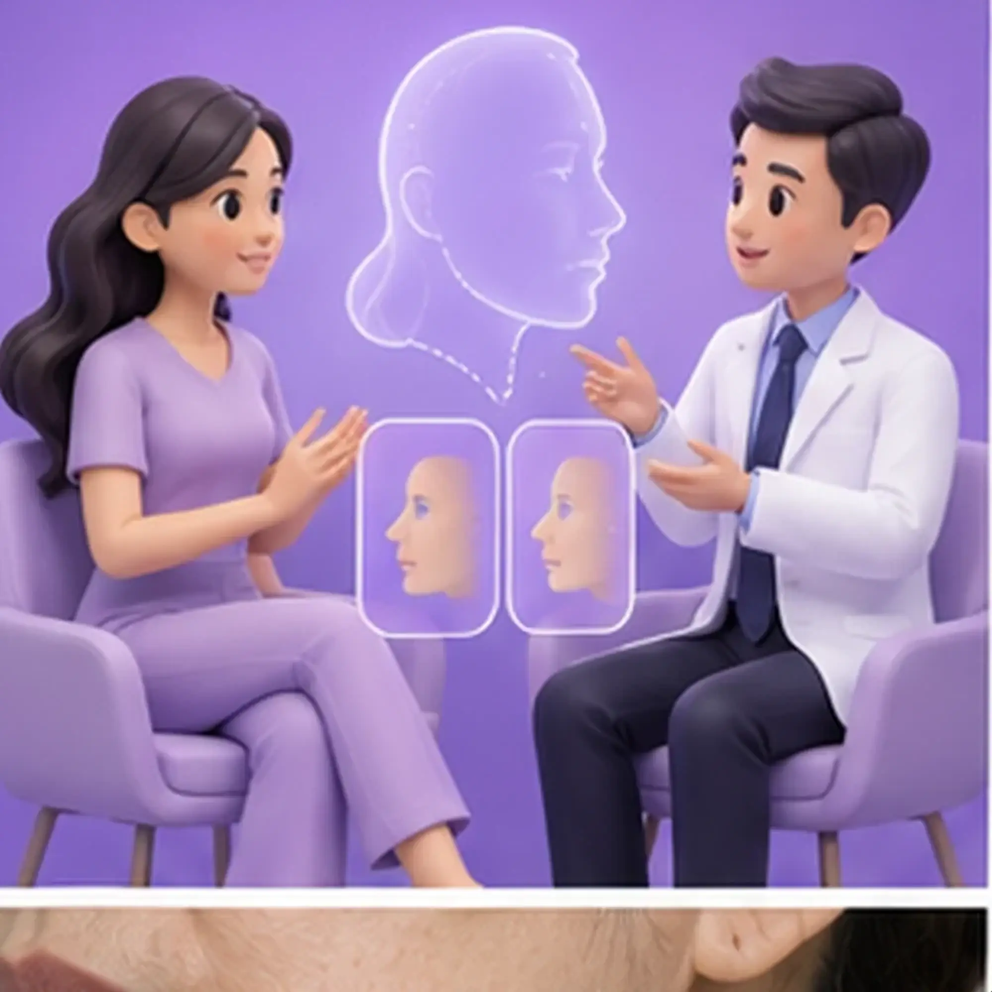 3D cartoon of an adult patient and clinician learning about Expert Facelifts in Japan