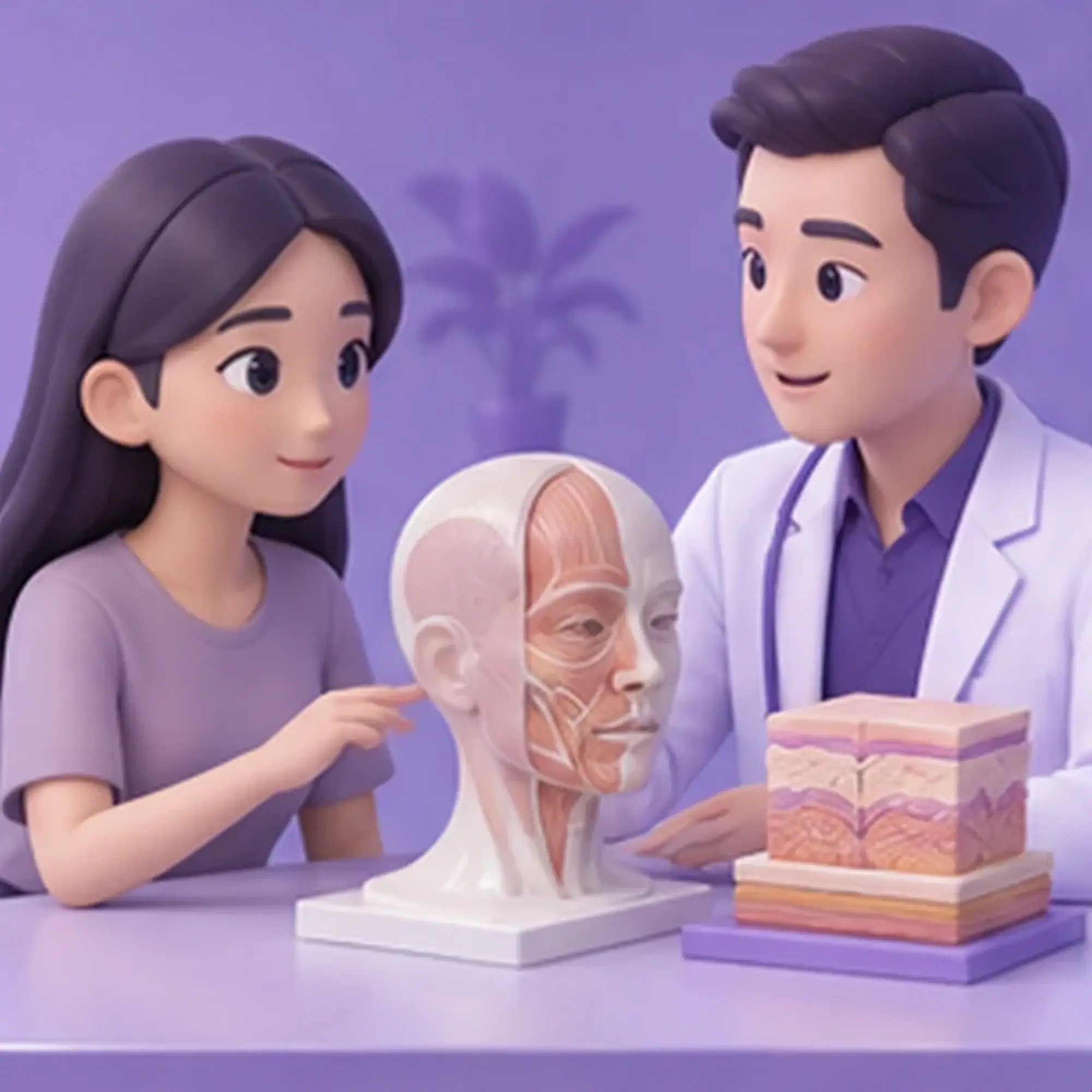 成人患者与临床人员学习赴日本拉皮与抗老手术知识的 3D 卡通图片