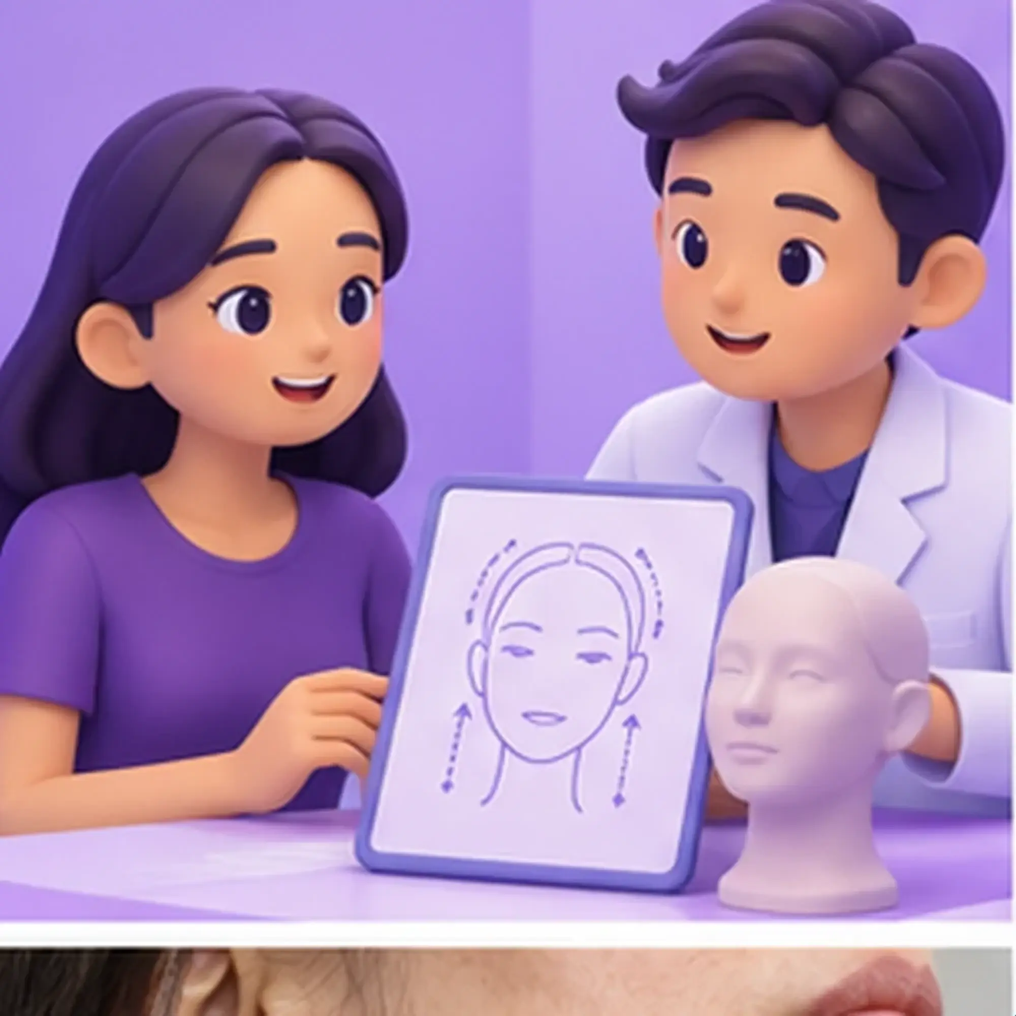 3D cartoon of an adult patient and clinician learning about Facelift Japan Trip & Beauty Treatments