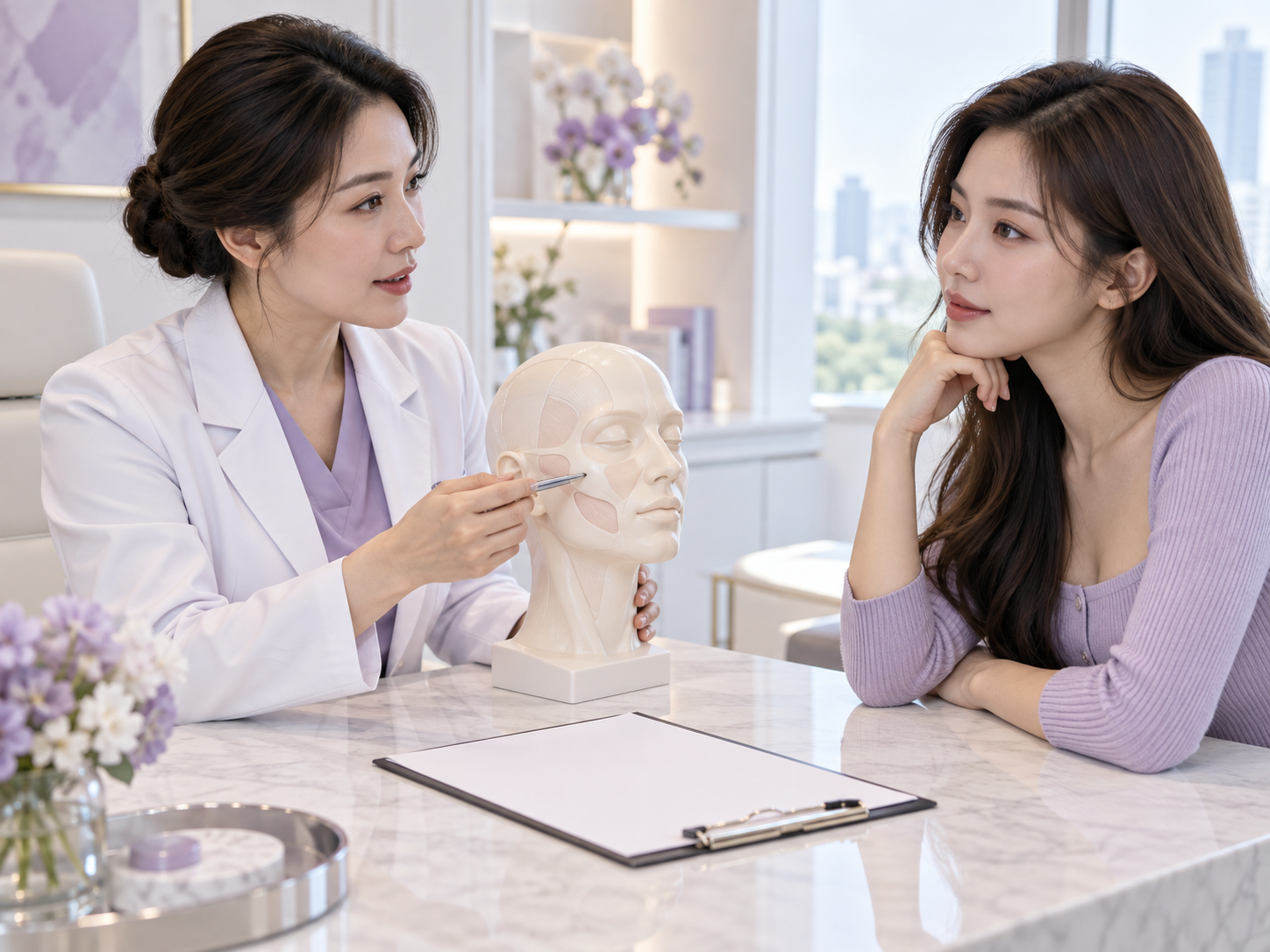 参考图片:临床人员与成年女性讨论面部结构、植入物材料、手术方案及长期复诊