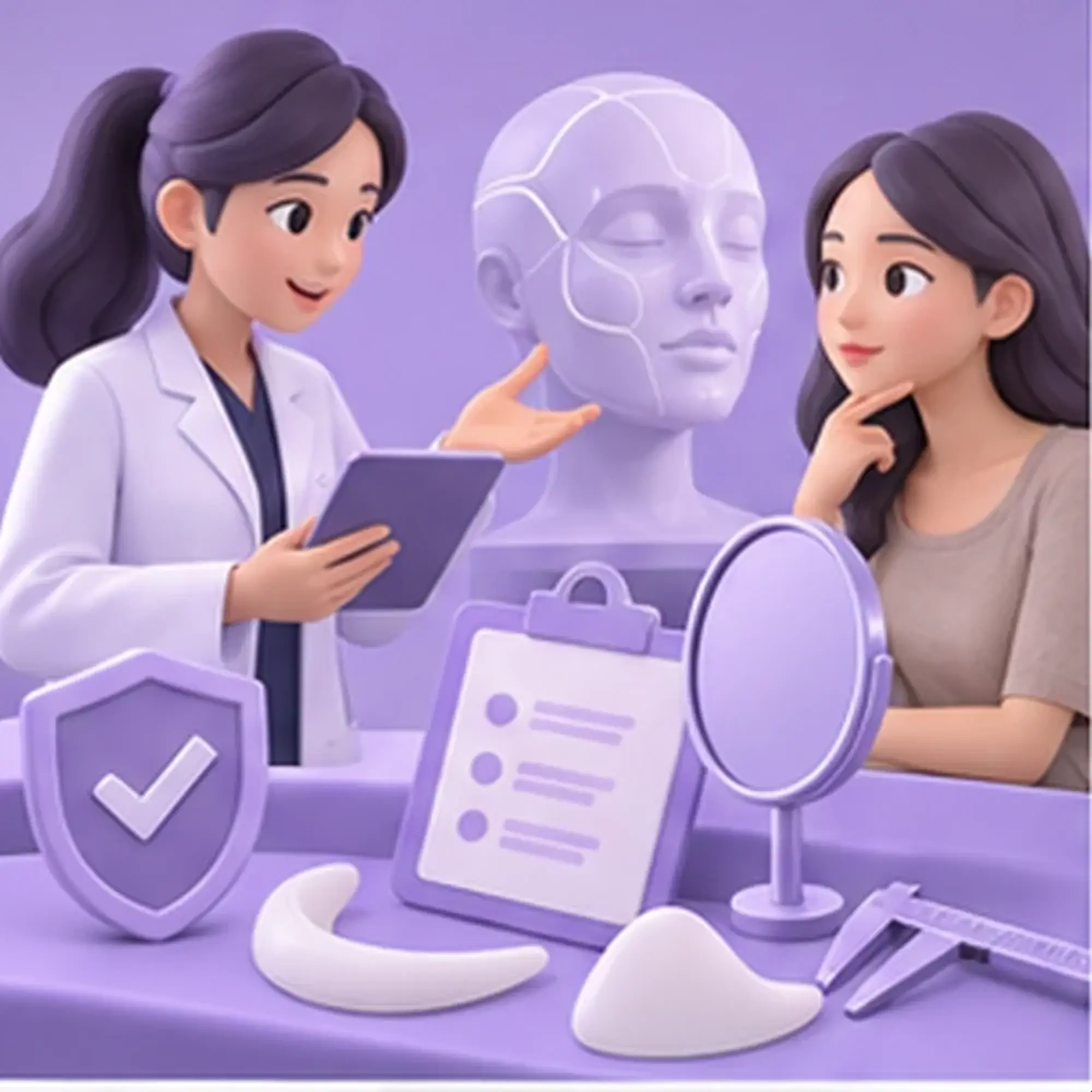 成人患者与临床人员学习面部植入物知识的 3D 卡通图片