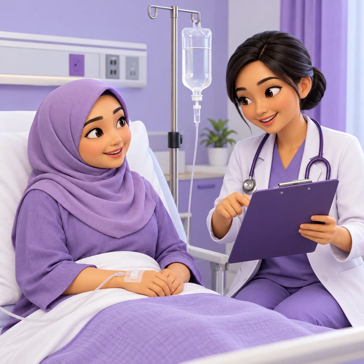 3D cartoon of an adult patient and clinician learning about Immune Support IV Drip Treatment