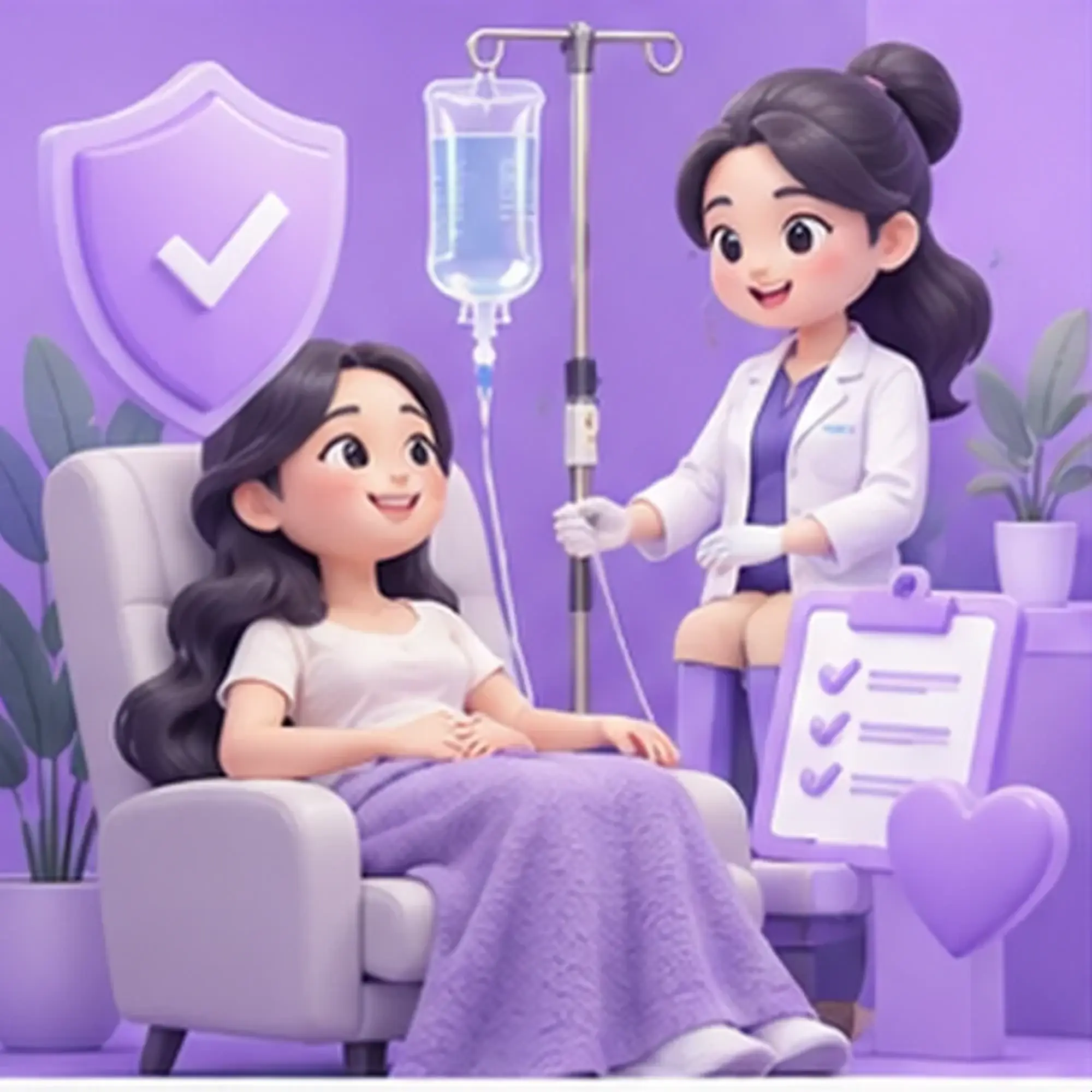 Kartun 3D pesakit dewasa dan klinisian mempelajari Rawatan Infusi IV Kulit Berseri
