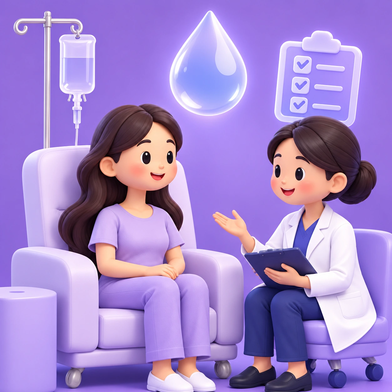 3D cartoon of an adult patient and clinician learning about Nutri Care 5-in-1 IV Drip Treatment